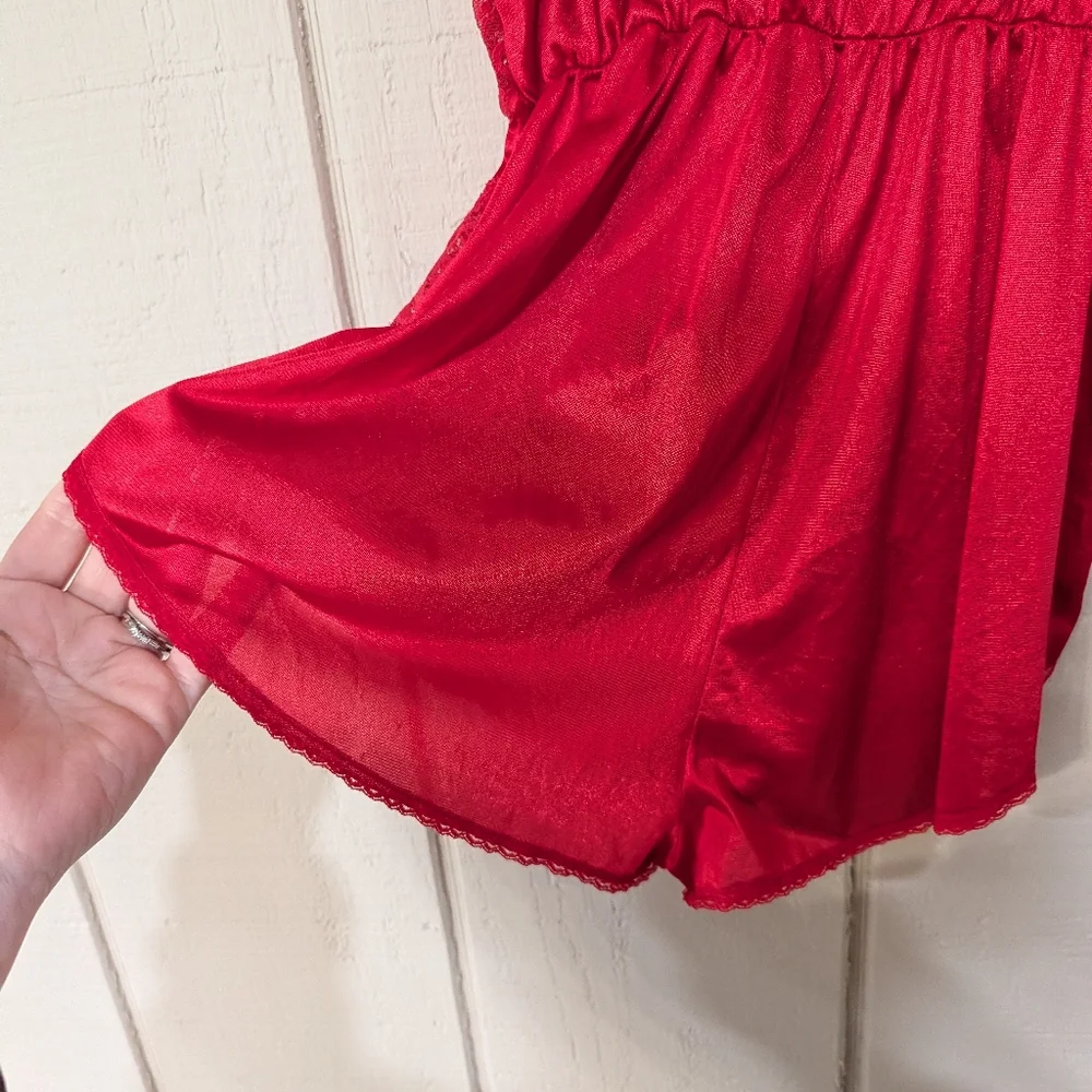 Vintage‎ Red Sheer Lace Nylon Teddy Lingerie Romper